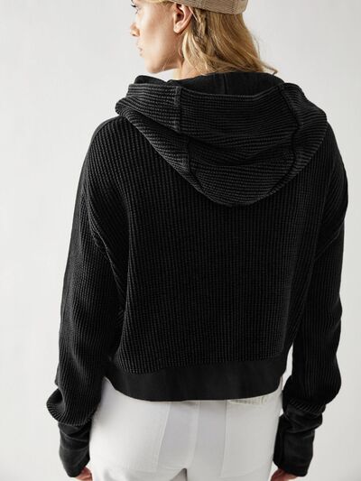 Waffle-Knit Dropped Shoulder Hooded Jacket