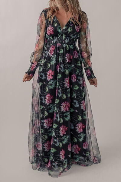 Somcked Floral V-Neck Long Sleeve Dress