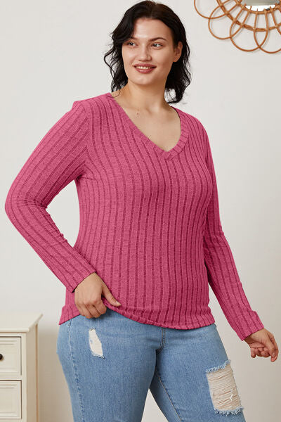 Basic Bae Full Size Ribbed V-Neck Long Sleeve Shirt