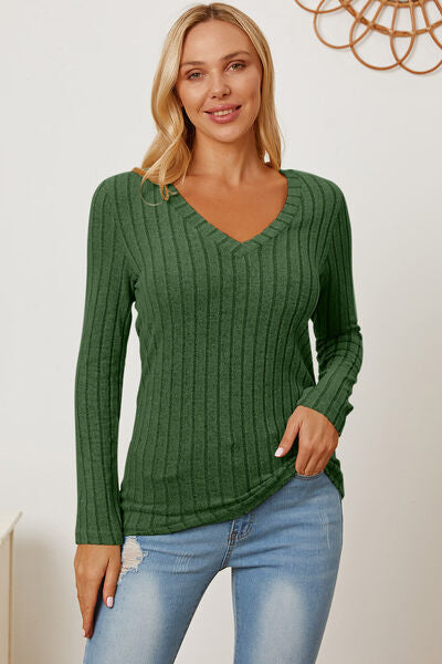 Basic Bae Full Size Ribbed V-Neck Long Sleeve Shirt