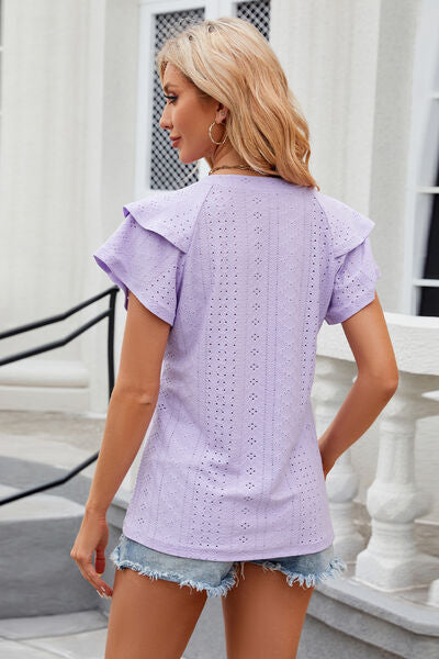 Eyelet Notched Short Sleeve Shirt