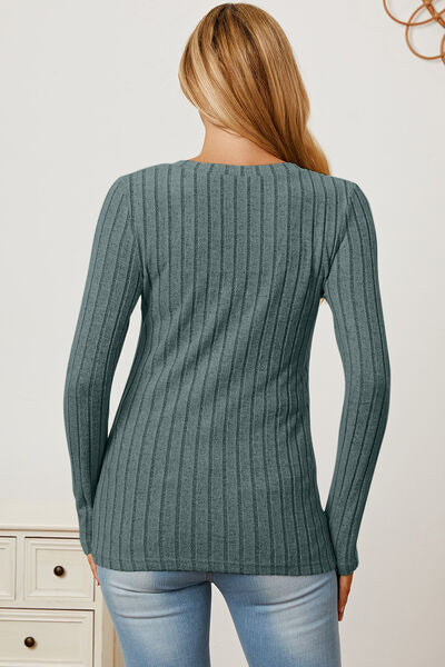 Basic Bae Full Size Ribbed V-Neck Long Sleeve Shirt