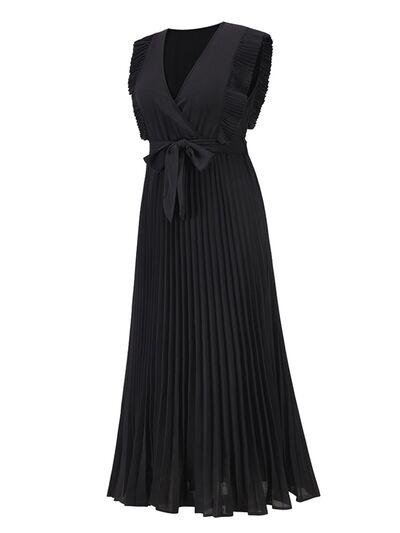 Tied Surplice Cap Sleeve Pleated Dress