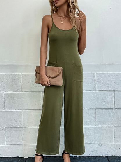 Pocketed Spaghetti Strap Wide Leg Jumpsuit