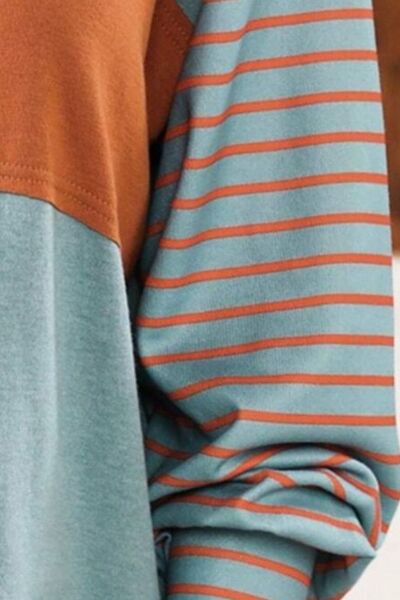 Round Neck Striped Long Sleeve Slit Shirt