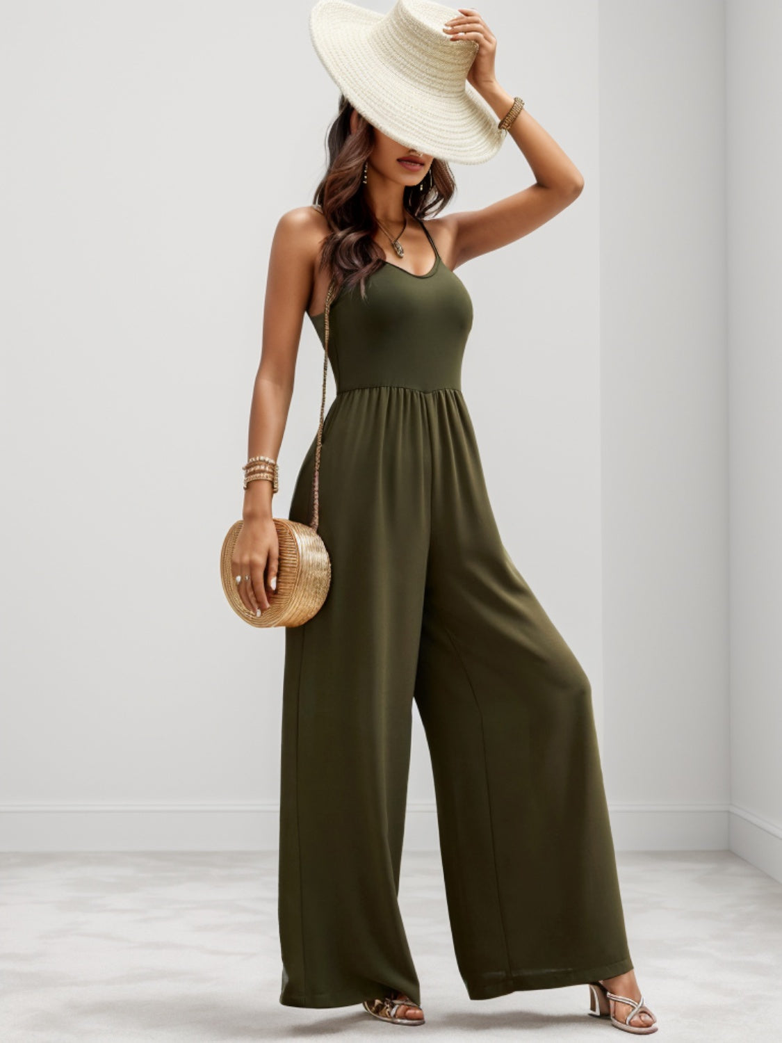 Scoop Neck Spaghetti Strap Wide Leg Jumpsuit