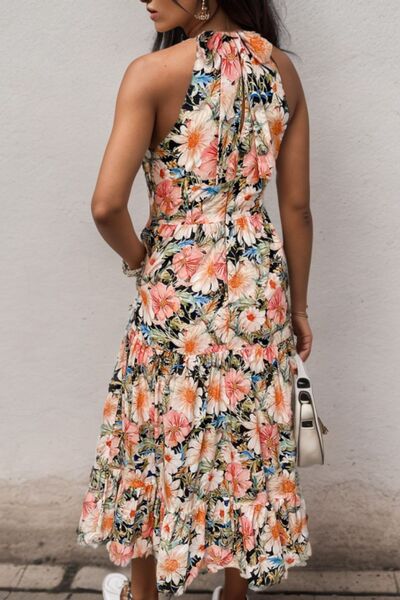 Printed Tiered Pocketed Mock Neck Midi Dress