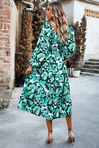 Printed Balloon Sleeve Midi Dress