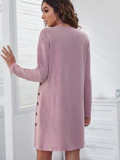 Decorative Button Round Neck Long Sleeve Dress