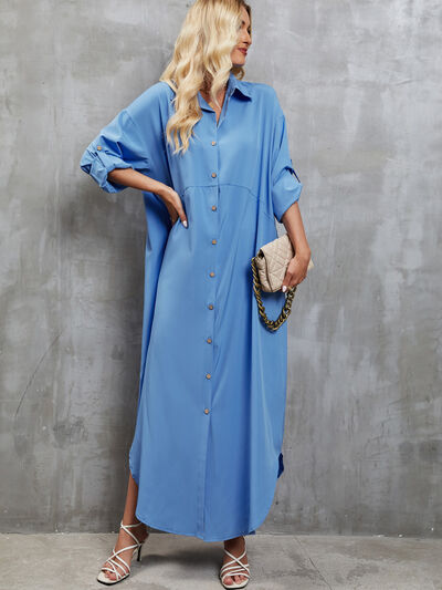 Button Up Dropped Shoulder Roll-Tab Sleeve Dress