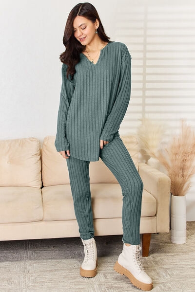 Basic Bae Notched Long Sleeve Top & Bottom Travel Set