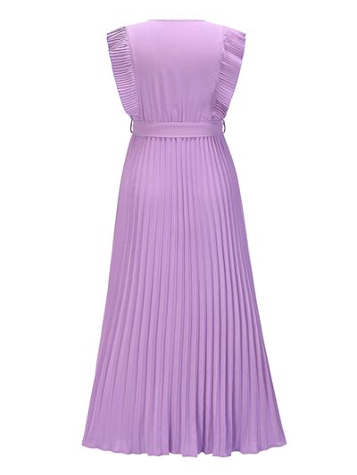 Tied Surplice Cap Sleeve Pleated Dress