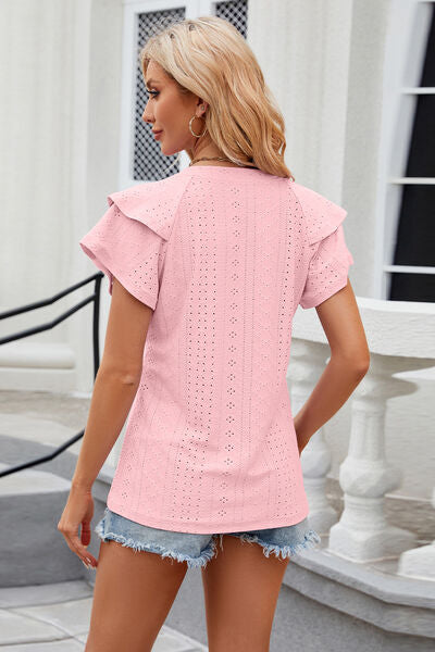 Eyelet Notched Short Sleeve Shirt