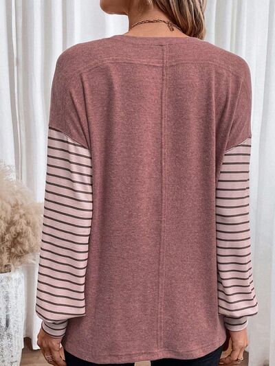 Round Neck Striped Long Sleeve Slit Shirt