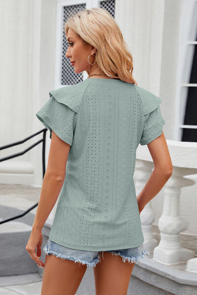 Eyelet Notched Short Sleeve Shirt