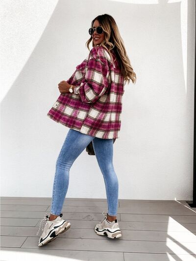 Pocketed Plaid Snap Down Dropped Shoulder Jacket