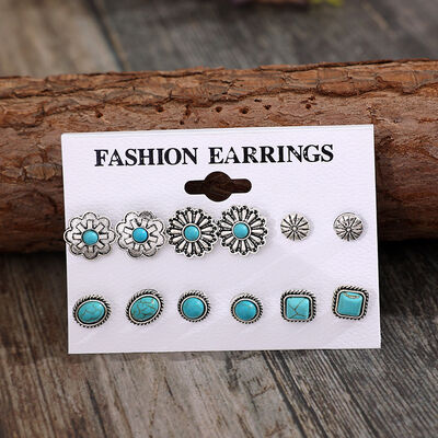 Turquoise Alloy Stud Earrings - 6 pair