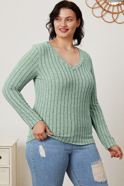 Basic Bae Full Size Ribbed V-Neck Long Sleeve Shirt