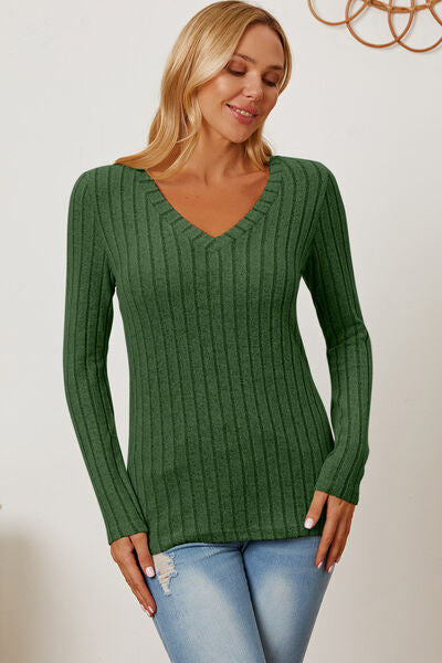 Basic Bae Full Size Ribbed V-Neck Long Sleeve Shirt