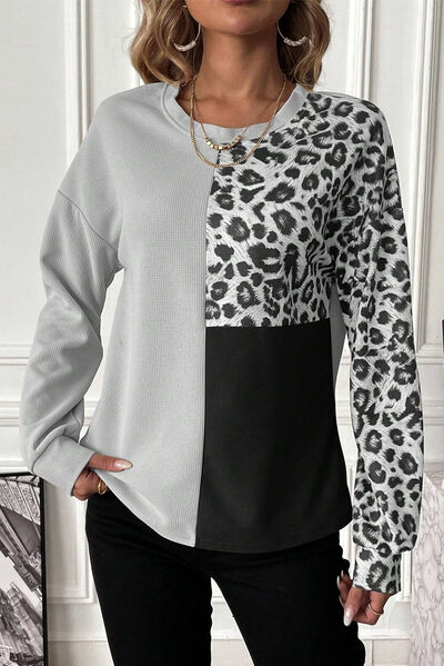 Leopard Color Block Round Neck Shirt