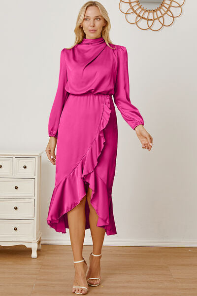 Mock Neck Ruffled Asymmetrical Dress