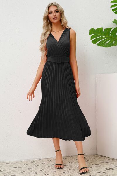 Surplice Sleeveless Midi Pleated Dress