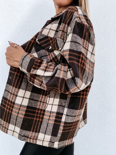 Pocketed Plaid Snap Down Dropped Shoulder Jacket