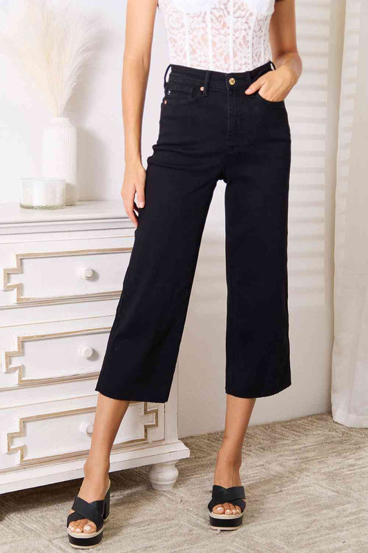 High Waist Wide Raw Hem Cropped Jeans