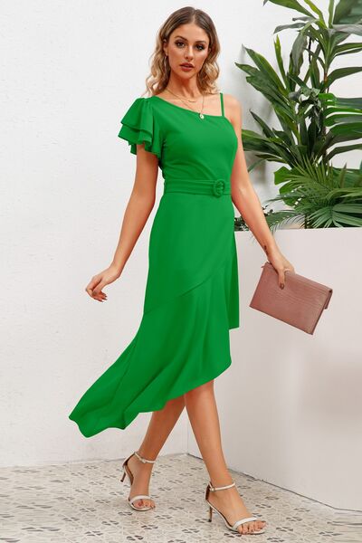 Ruffled Asymmetrical Neck Flutter Sleeve Dress