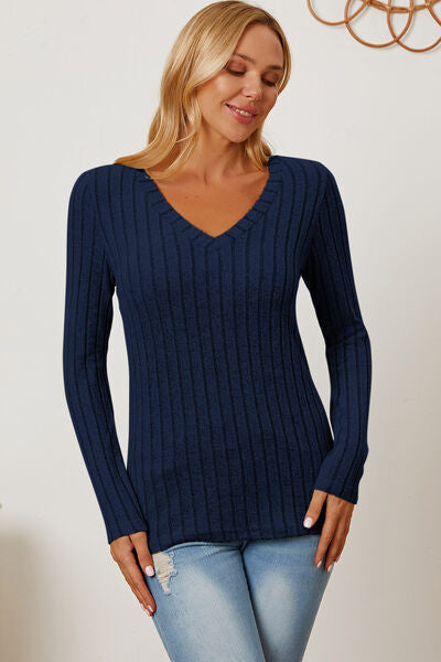 Basic Bae Full Size Ribbed V-Neck Long Sleeve Shirt