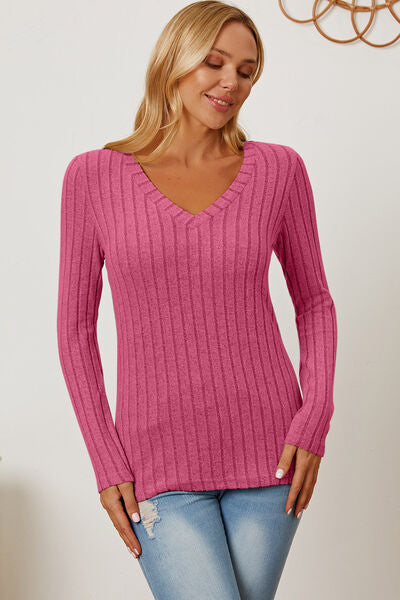 Basic Bae Full Size Ribbed V-Neck Long Sleeve Shirt