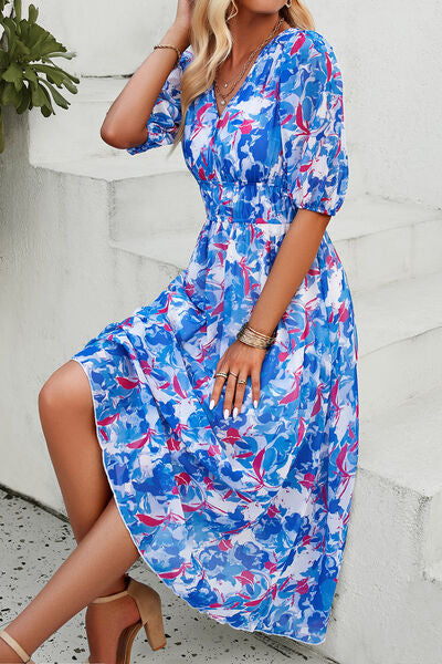 Smocked Printed V-Neck Short Sleeve Dress