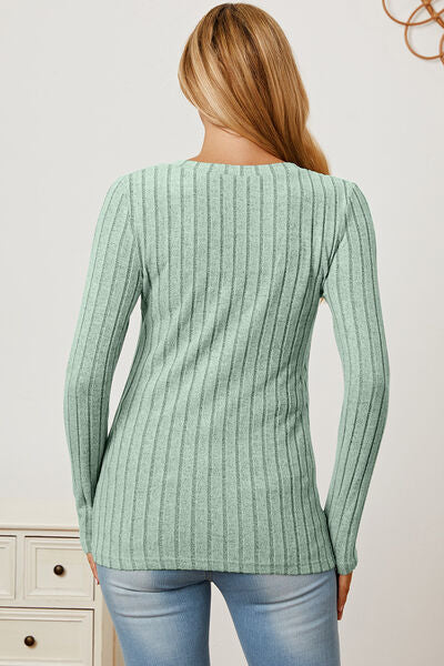 Basic Bae Full Size Ribbed V-Neck Long Sleeve Shirt