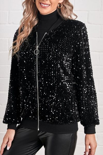 Sequin Baseball Collar Zip Up Jacket