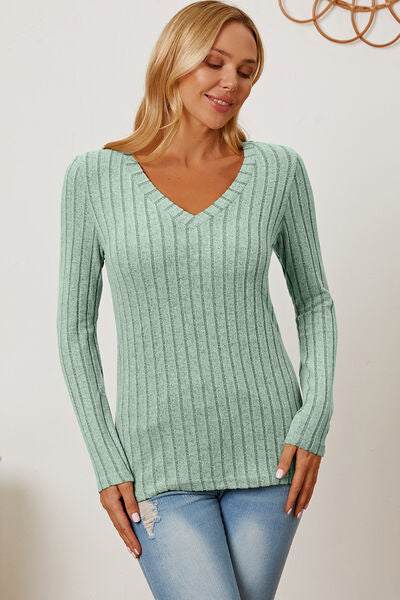 Basic Bae Full Size Ribbed V-Neck Long Sleeve Shirt