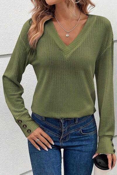 Decorative Button V-Neck Long Sleeve Shirt