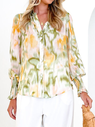 Printed Lantern Sleeve Button Up Shirt