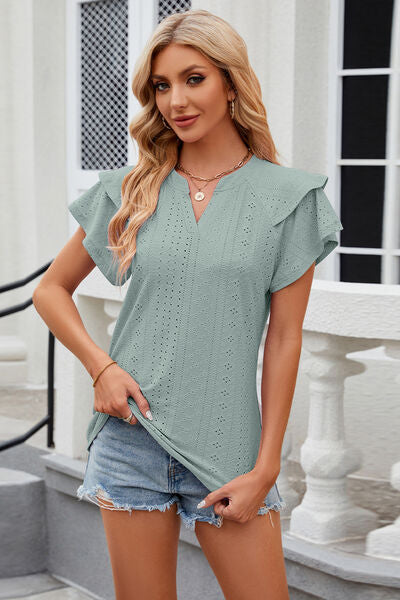 Eyelet Notched Short Sleeve Shirt