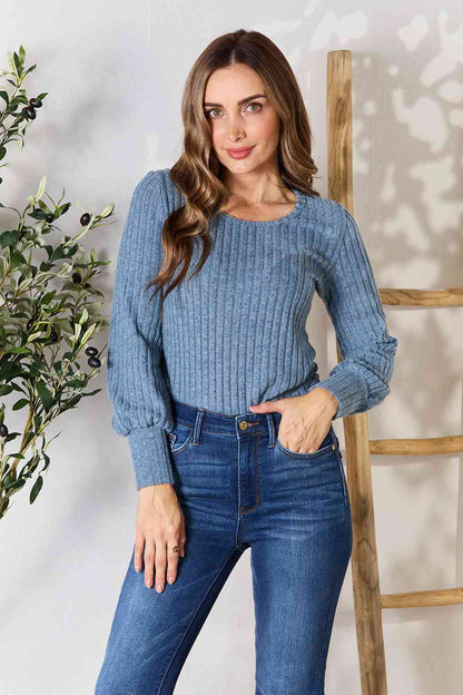 Double Take Ribbed Round Neck Lantern Sleeve Blouse