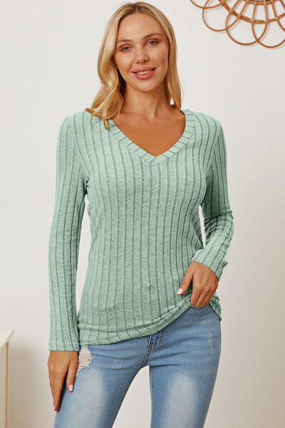 Basic Bae Full Size Ribbed V-Neck Long Sleeve Shirt