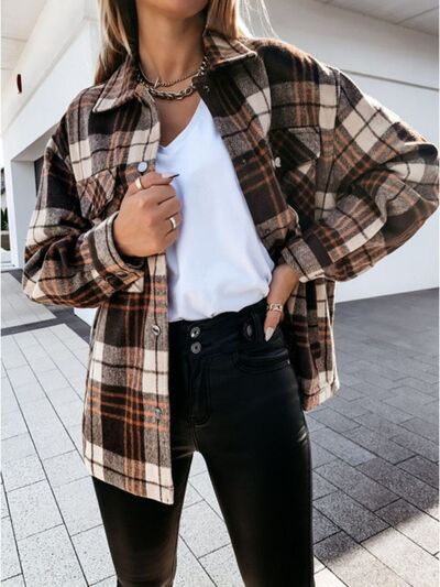 Pocketed Plaid Snap Down Dropped Shoulder Jacket