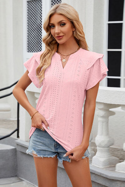 Eyelet Notched Short Sleeve Shirt