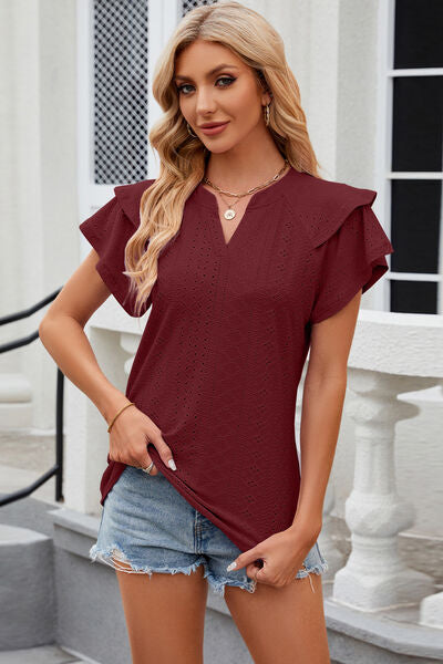 Eyelet Notched Short Sleeve Shirt