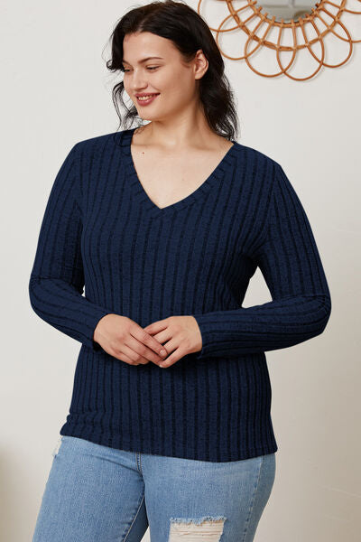 Basic Bae Full Size Ribbed V-Neck Long Sleeve Shirt