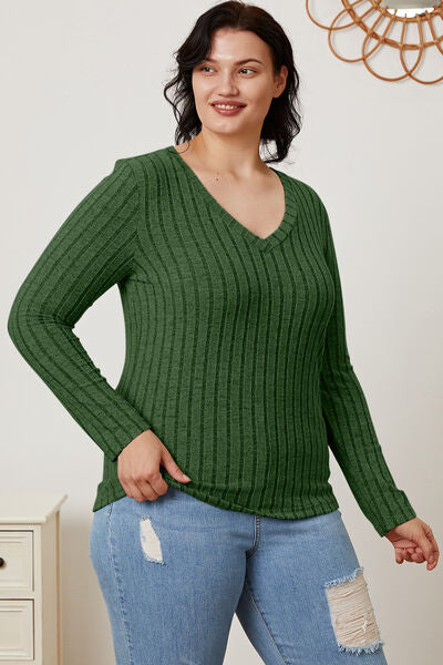 Basic Bae Full Size Ribbed V-Neck Long Sleeve Shirt