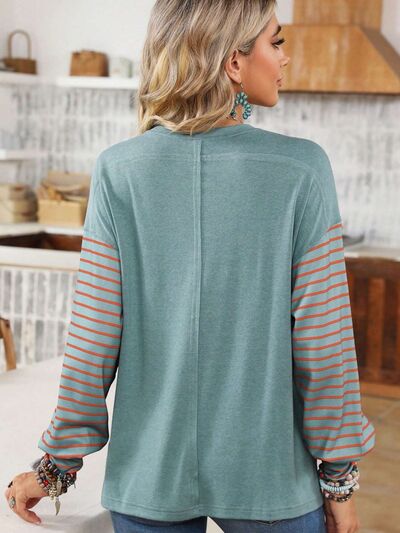 Round Neck Striped Long Sleeve Slit Shirt