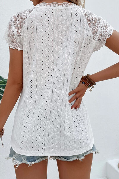 Eyelet Lace Detail V-Neck Shirt