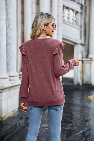 Ruffled Heathered V-Neck Long Sleeve T-Shirt