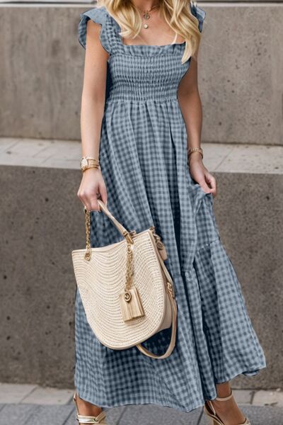 Full Size Smocked Ruffled Plaid Ruffle Hem Dress