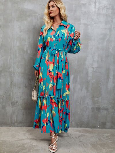 Frill Tied Printed Balloon Sleeve Dress